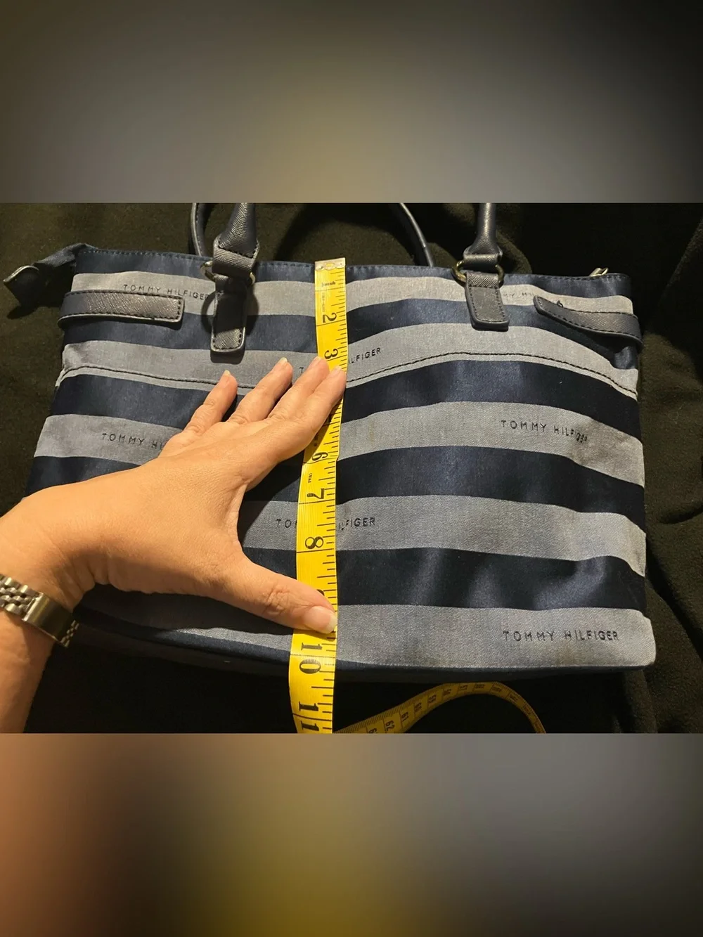 Tommy Hilfiger Blue Striped Canvas Tote Bag Helen Satchel Excellent Condition